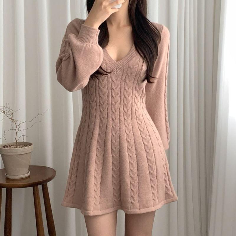 Long-Sleeve V-Neck Plain Cable Knit Mini A-Line Sweater Dress Product Image