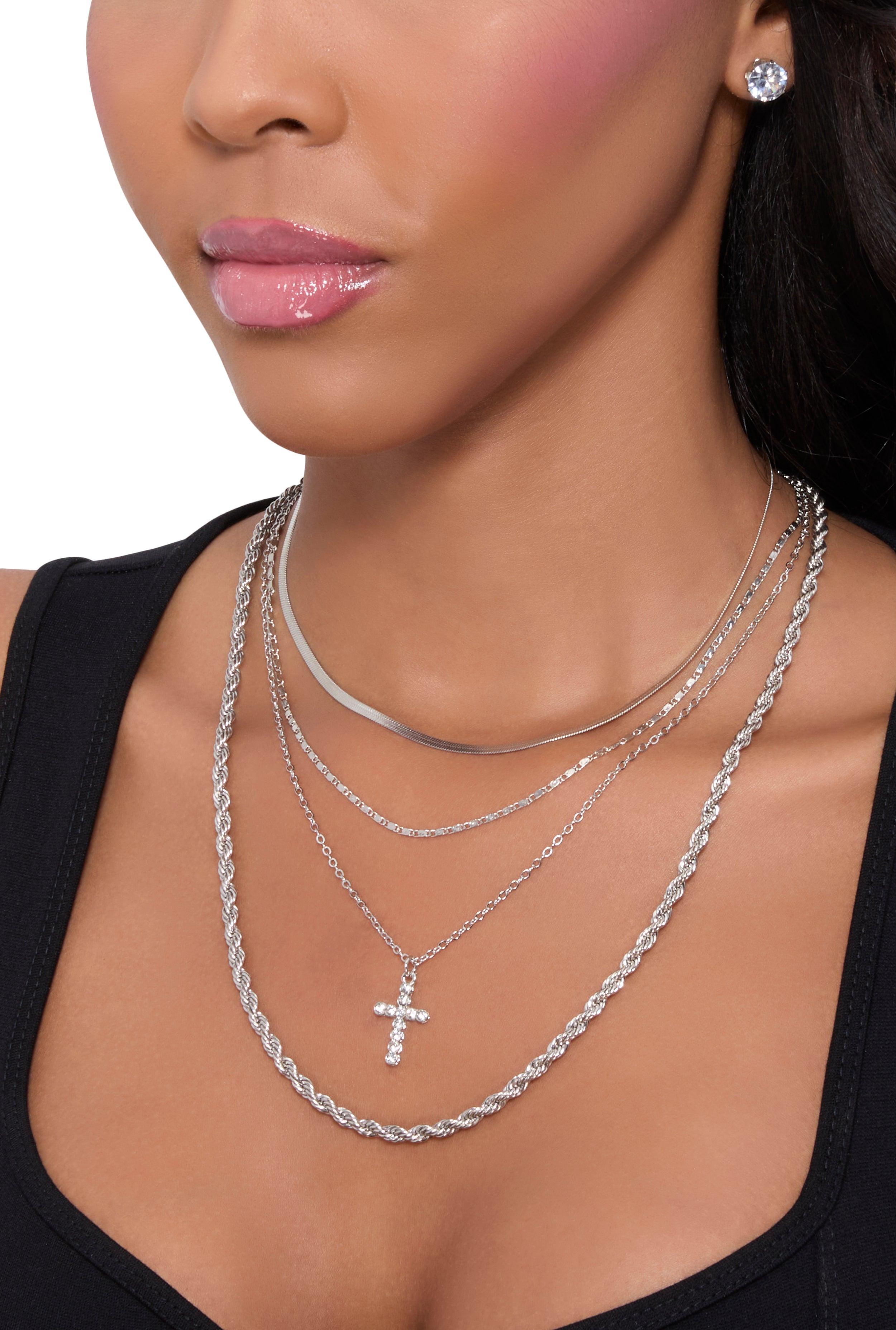 Cross Charm Layered Necklace with Stud Earring Trio Female Product Image