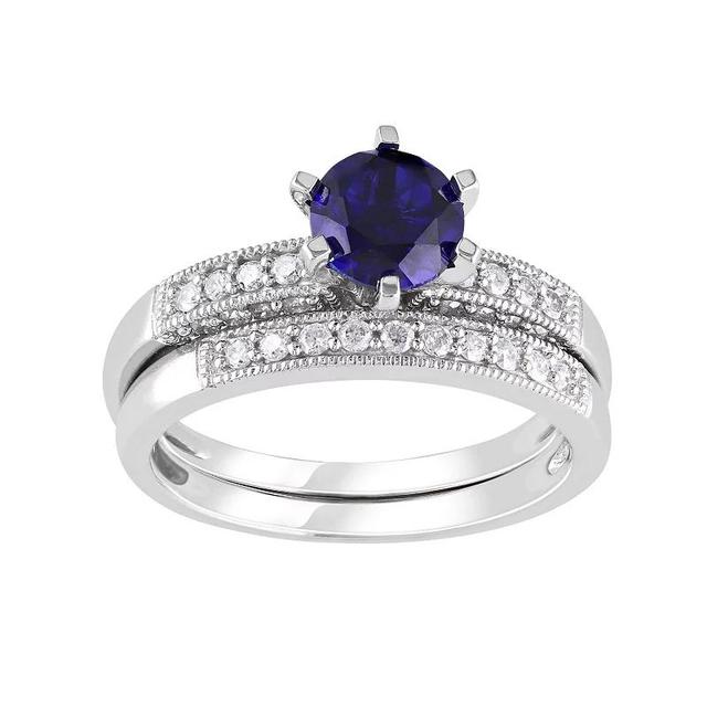 Lab-Created Sapphire and Diamond Engagement Ring Set in 10k White Gold (1/3 ct. T.W.), Womens Blue Product Image