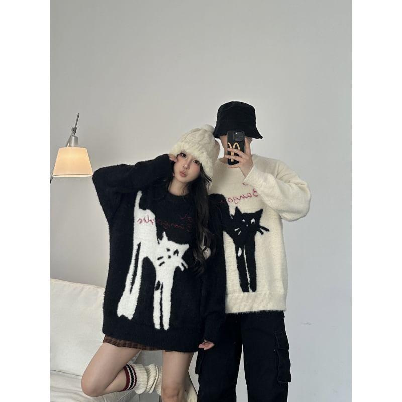 Couple Matching Crew Neck Cat Jacquard Sweater Product Image