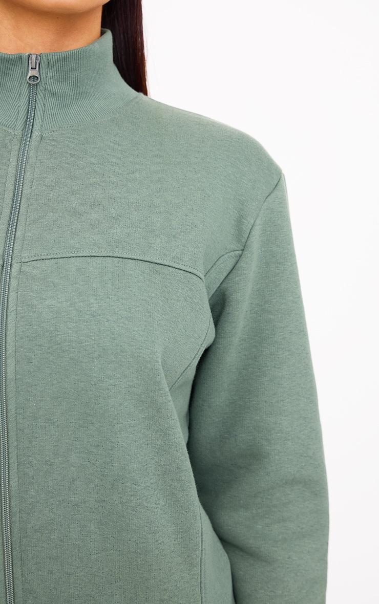 Olive Seam Detail Zip Through High Neck Sweatshirt Product Image