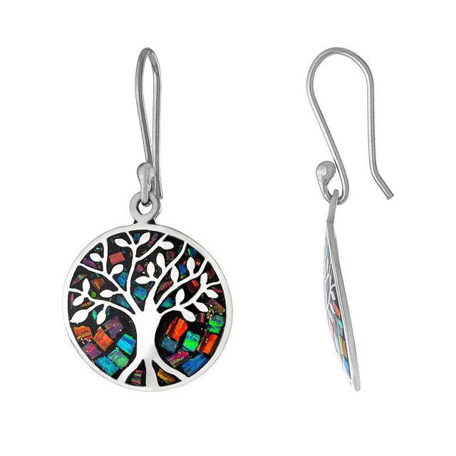 Athra NJ Inc Sterling Silver Simulated Opal Mosaic Tree of Life Medallion Earrings, Womens, Silver Tone Product Image