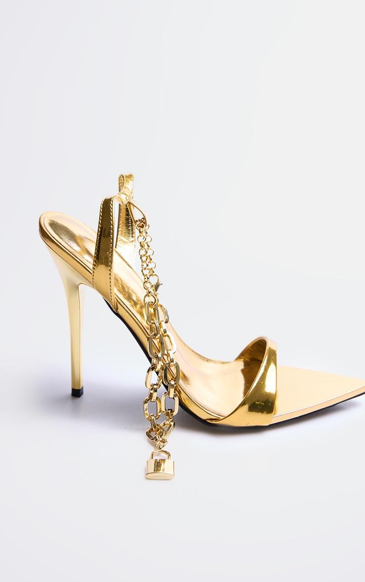 Gold Pu Point Toe Chain Lock Strap Heeled Sandals Product Image