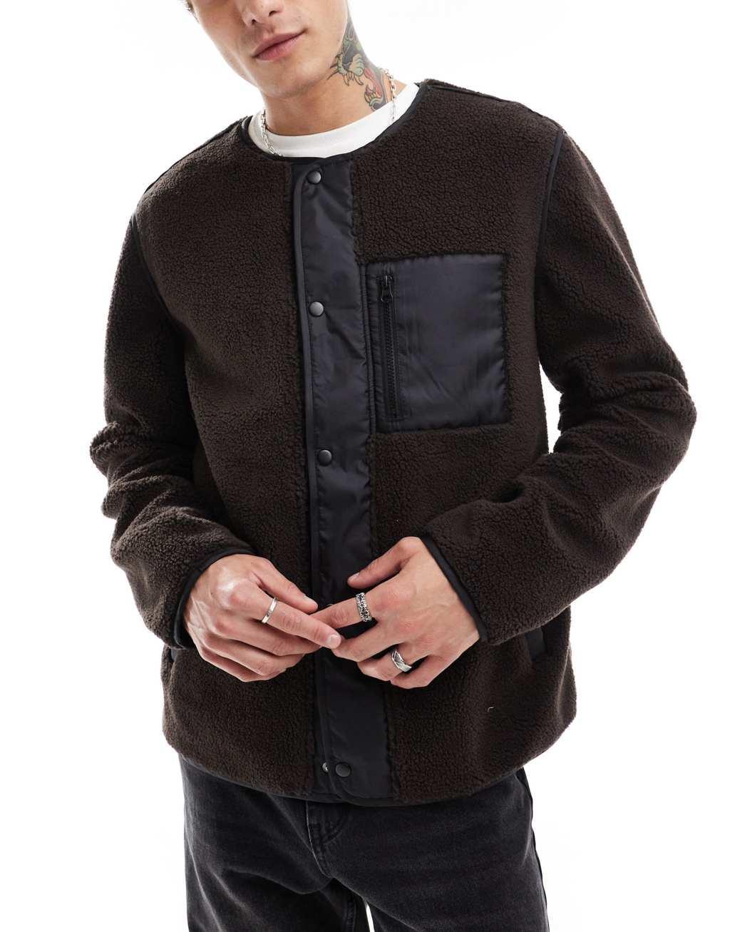 ASOS DESIGN zip through fleece jacket with pocket in brown Product Image