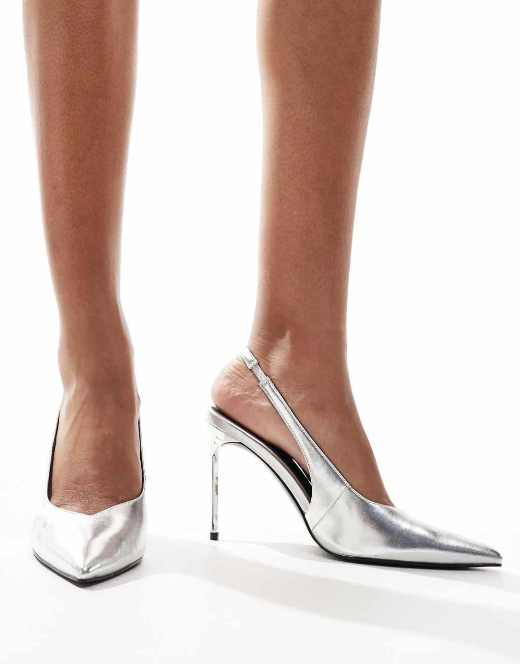 ASOS DESIGN Wide Fit Panther pointed slingback high heel pumps in silver Product Image