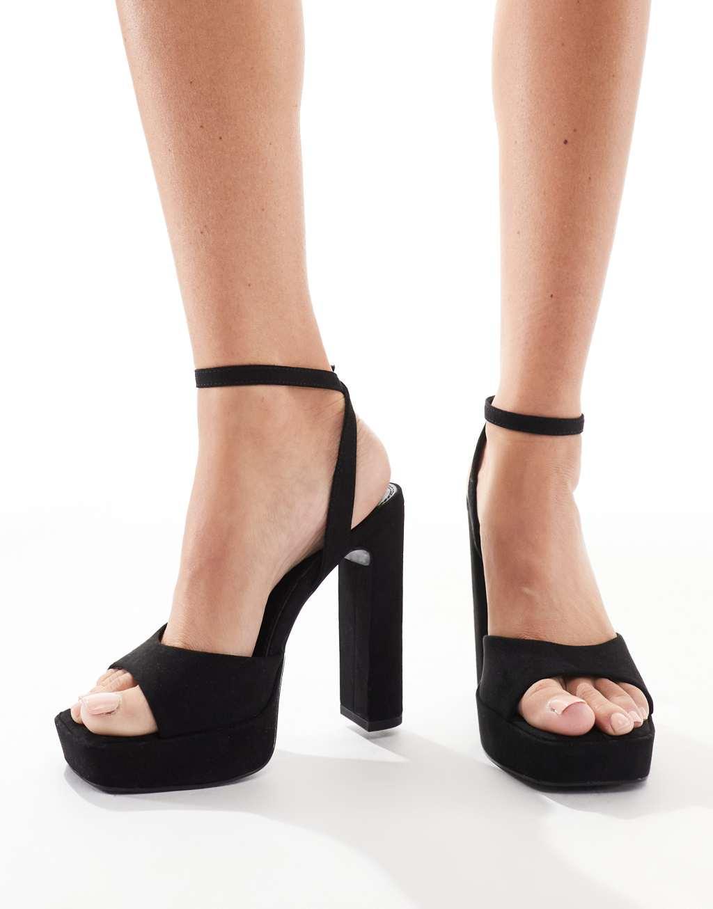 ASOS DESIGN Wide Fit Naples platform barely there block heeled sandals in black Product Image