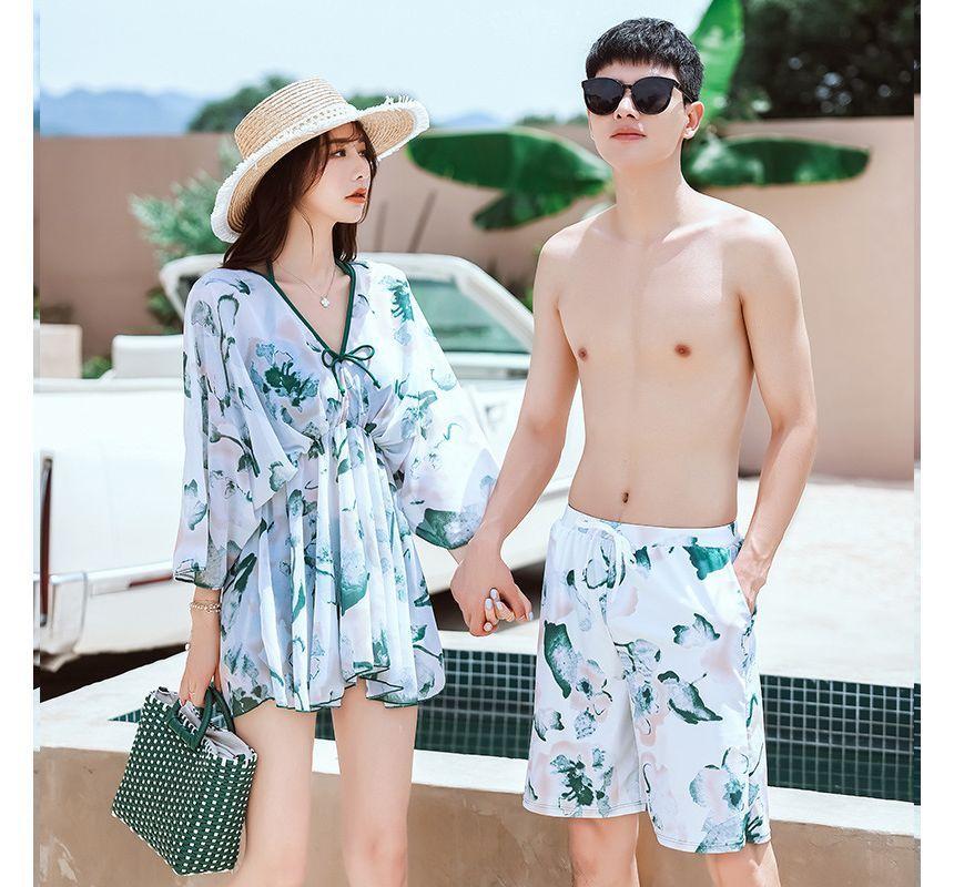 Couple Matching Print Swim Shorts / Bell-Sleeve Swim Dress / Bikini Top / Shorts / Set Product Image