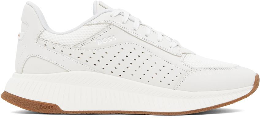 HUGO BOSS Leather Lace-up Trainers With Mesh Trims In Natural 102 Product Image