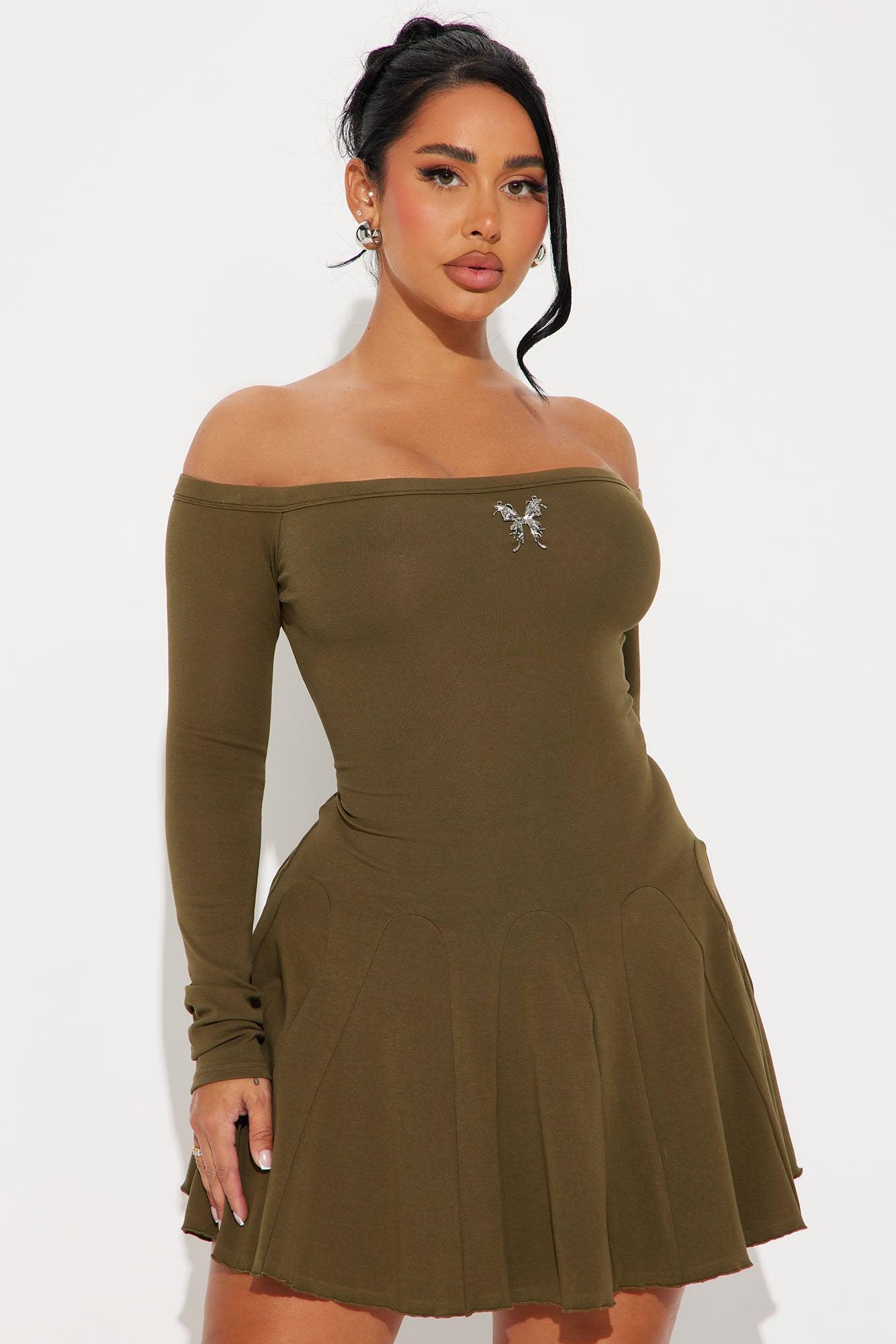 Fairy Wings Off Shoulder Mini Dress - Olive Product Image