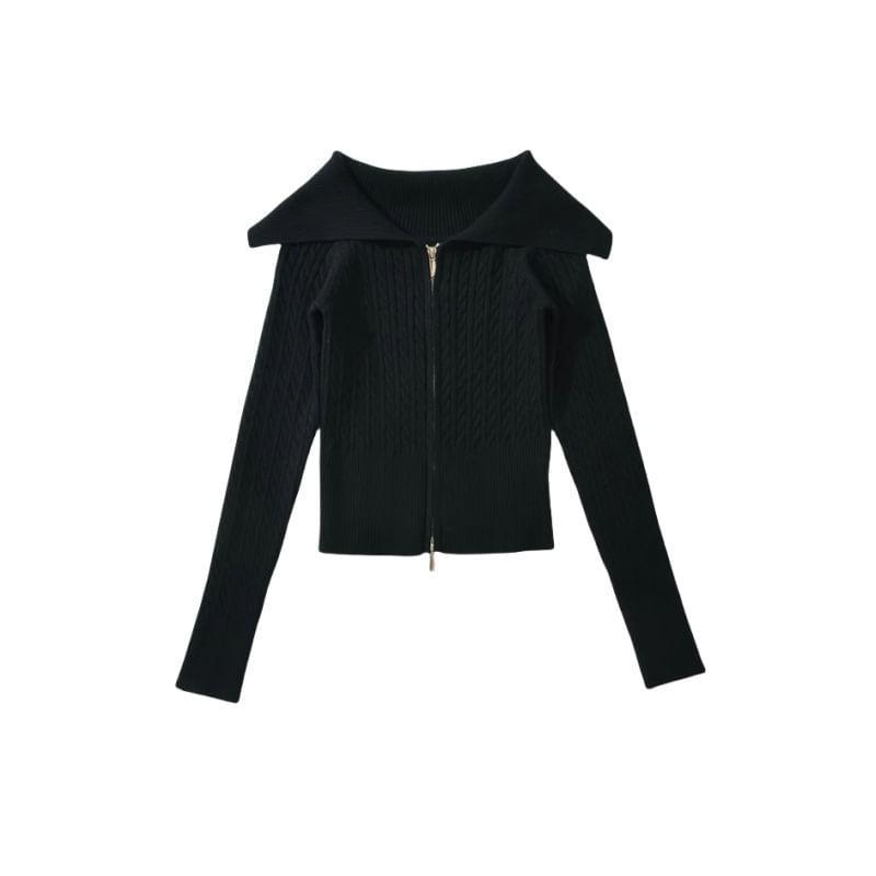 Off-Shoulder Plain Cable Knit Zip-Up Crop Cardigan Product Image