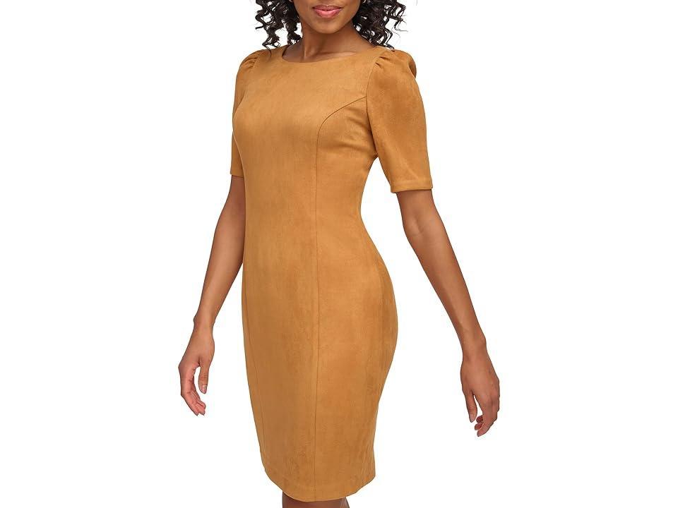 DKNY Short Sleeve Puff Sleeve Scuba Suede Sheath (Pecan) Women's Dress Product Image