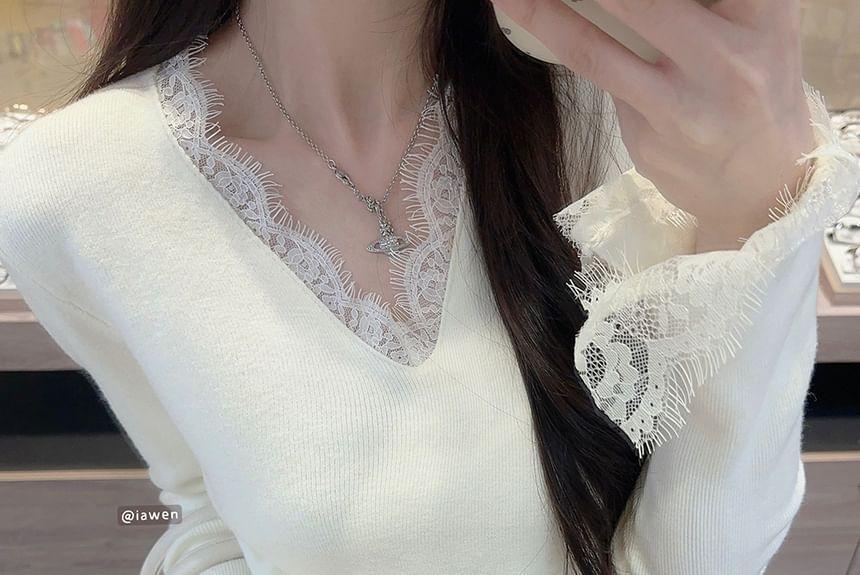 Long Sleeve V-Neck Plain Lace Trim Top Product Image