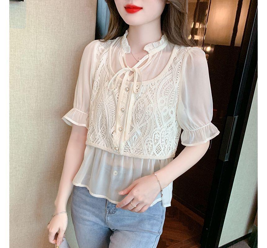 Puff-Sleeve Notch Neck Plain Lace Panel Mock Two-Piece Blouse Product Image