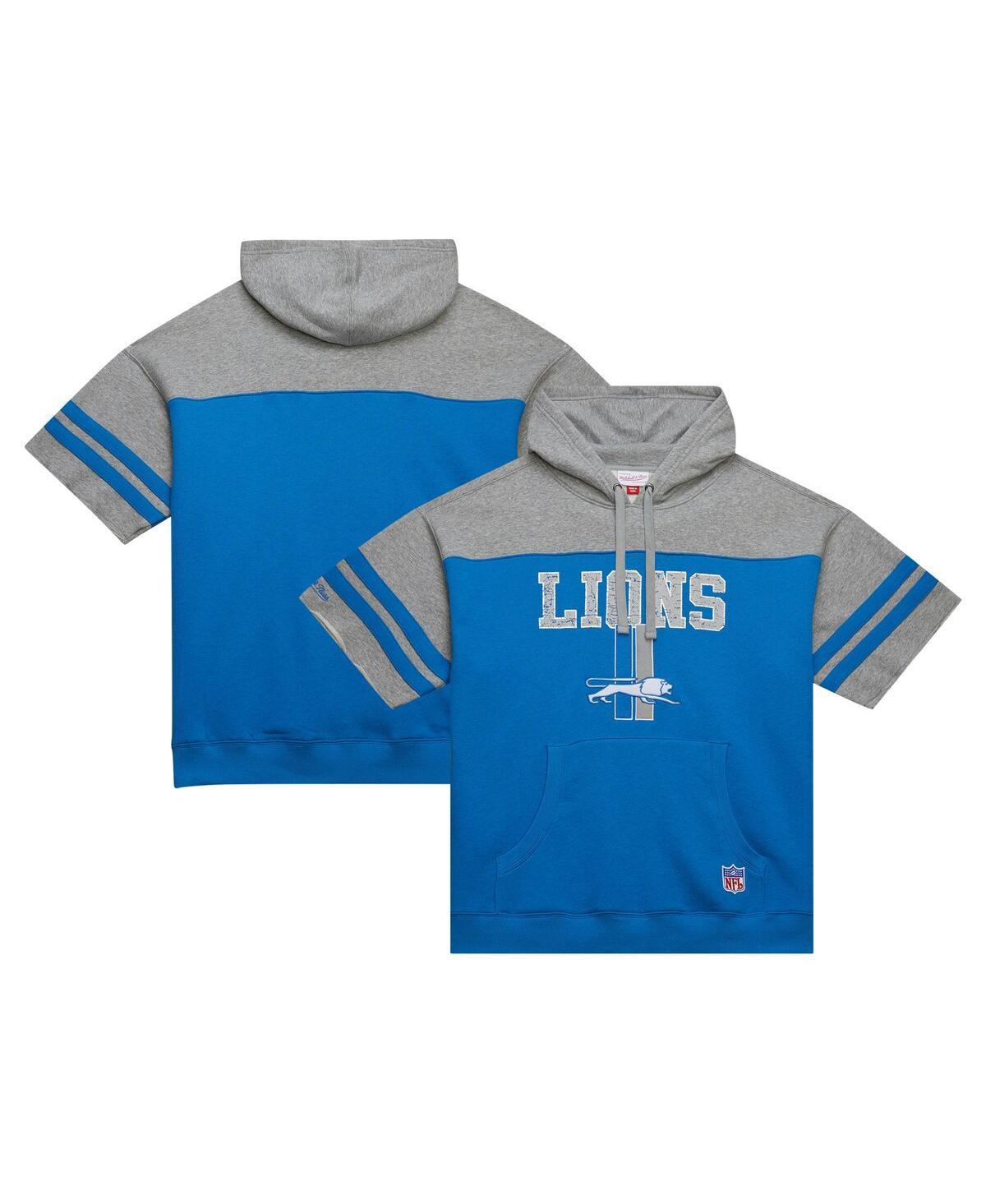 Mitchell & Ness Mens Blue Detroit Lions Off Field Vintage-Like Logo Short Sleeve Pullover Hoodie Product Image