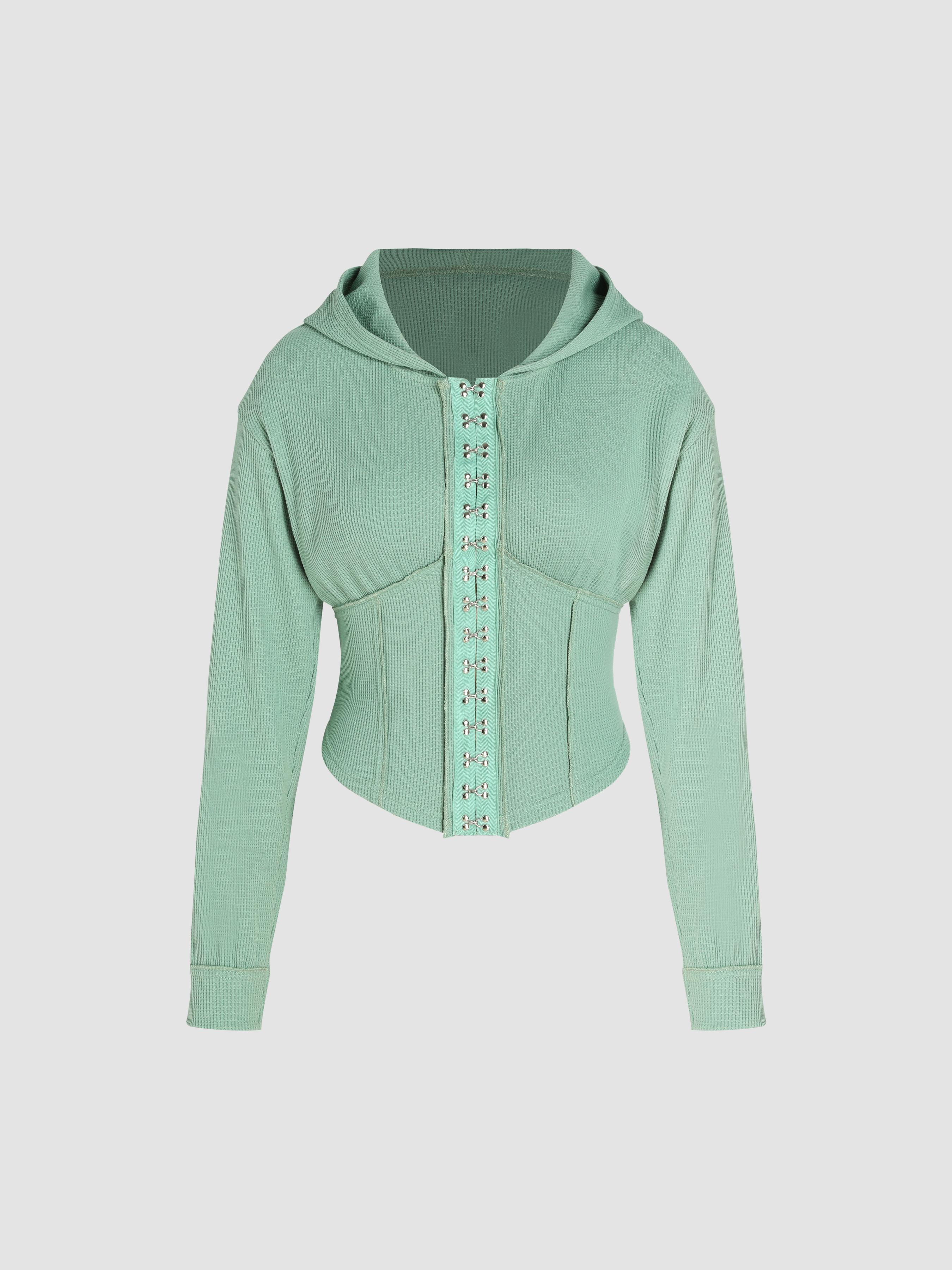 Solid Buckle Long Sleeve Hoodie Product Image