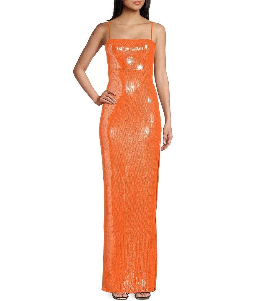 Honey and Rosie Sequin Lace-Up Back Side Slit Long Dress Product Image