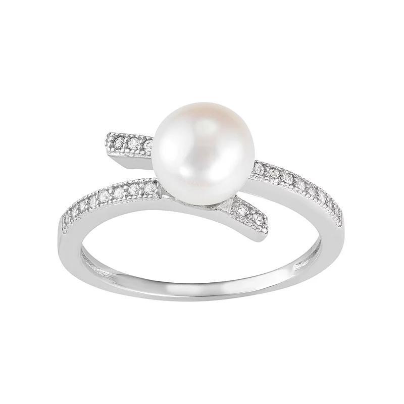 Sterling Silver Freshwater Cultured Pearl & Lab-Created White Sapphire Bypass Ring, Womens Product Image