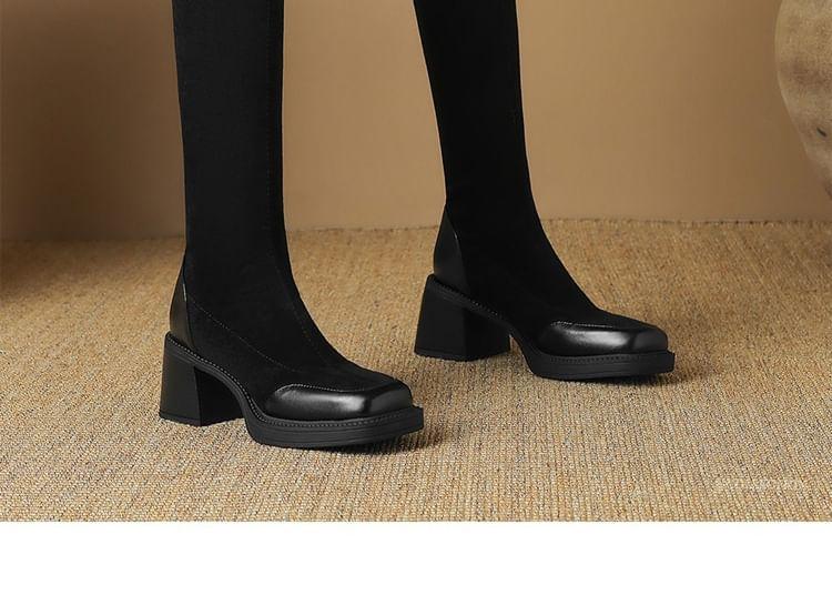 Square Toe Platform Panel Faux Suede Block Heel Over The Knee Boots Product Image