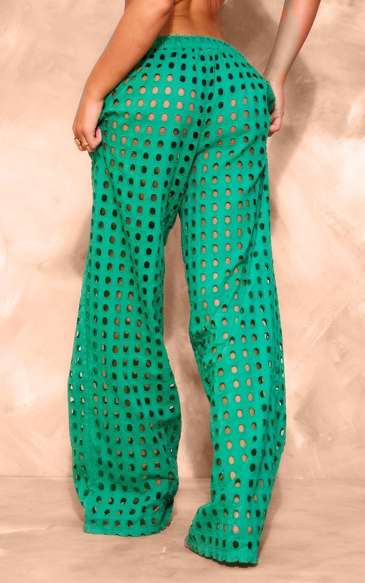 Green Broderie Cut Out Wide Leg Beach Pants Product Image