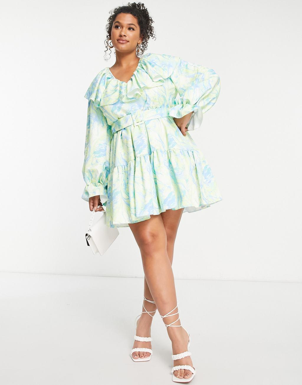 ASOS LUXE Curve marble V neck belted twill smock dress Product Image