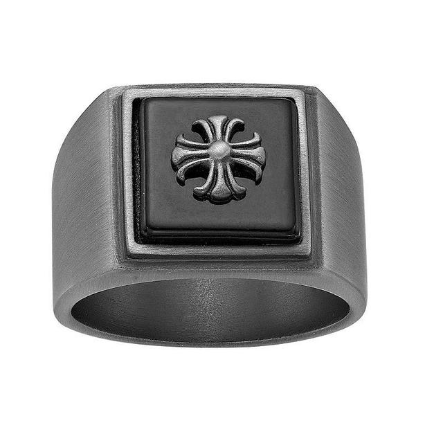 LYNX Mens Gray Ion Plated Stainless Steel Ring Black Agate Cross Ring Multi Product Image