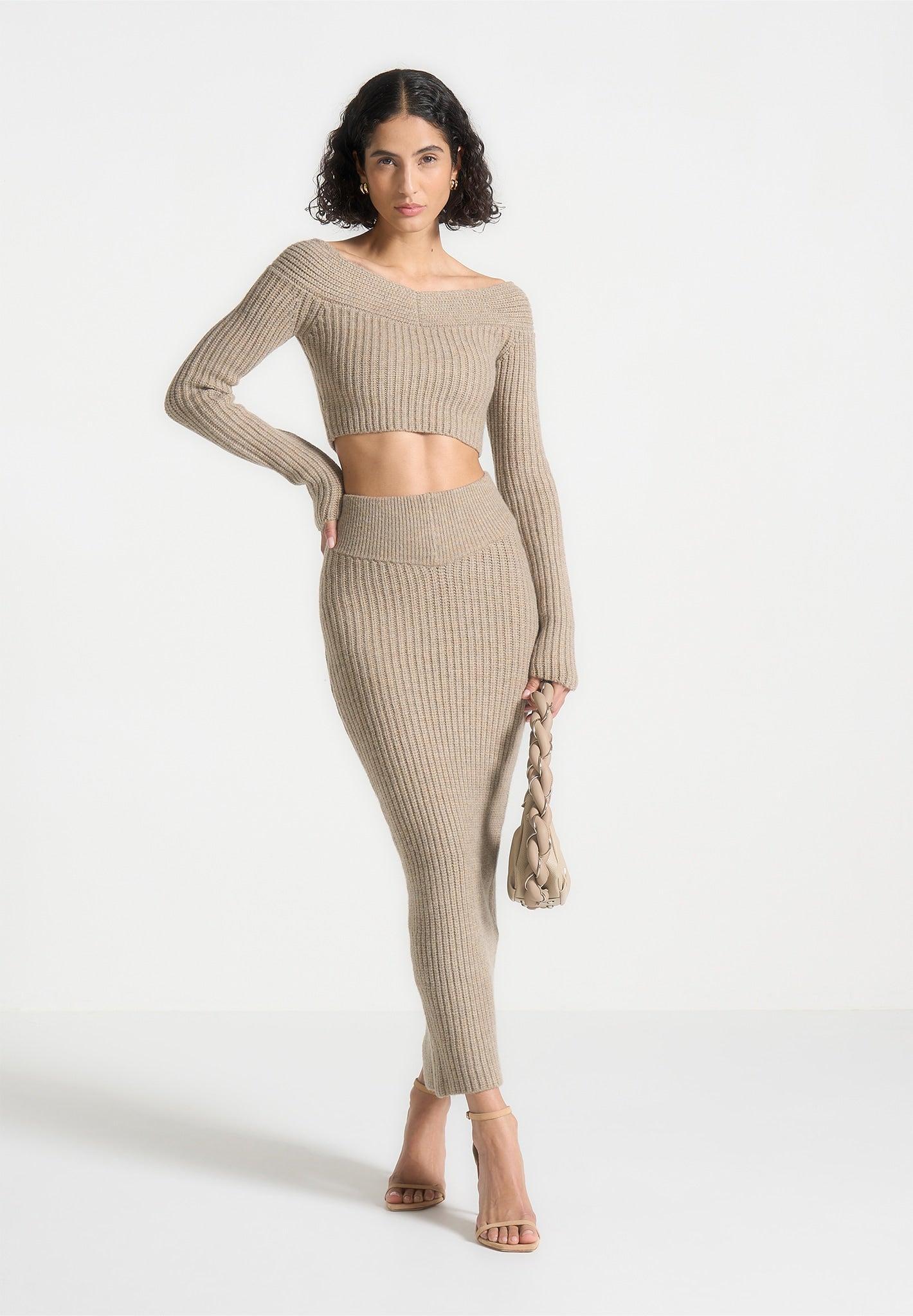 Off Shoulder Knit Crop Top - Beige Marl Female Product Image