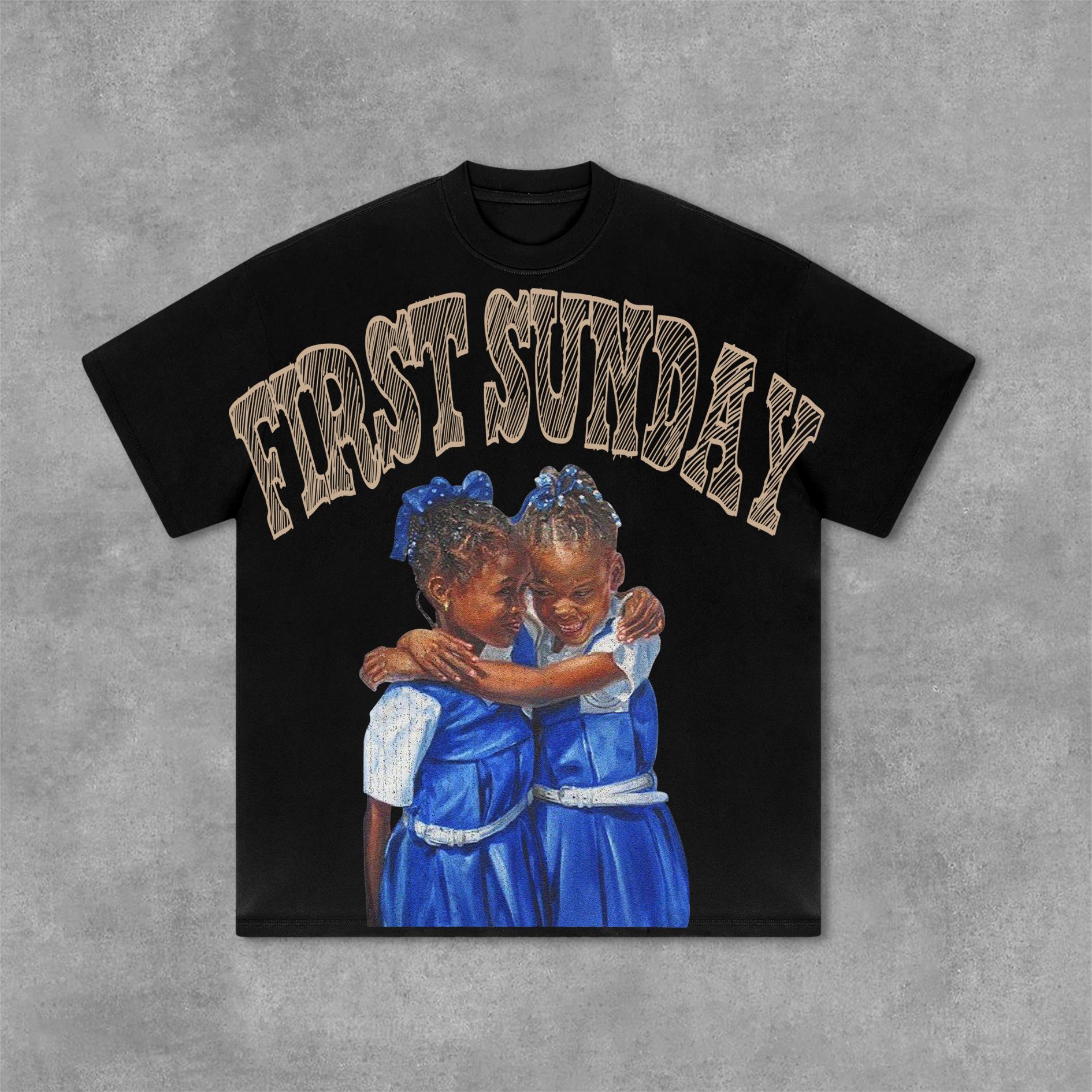 Retro First Sunday Faith Graphic Print Cotton T-Shirt Product Image