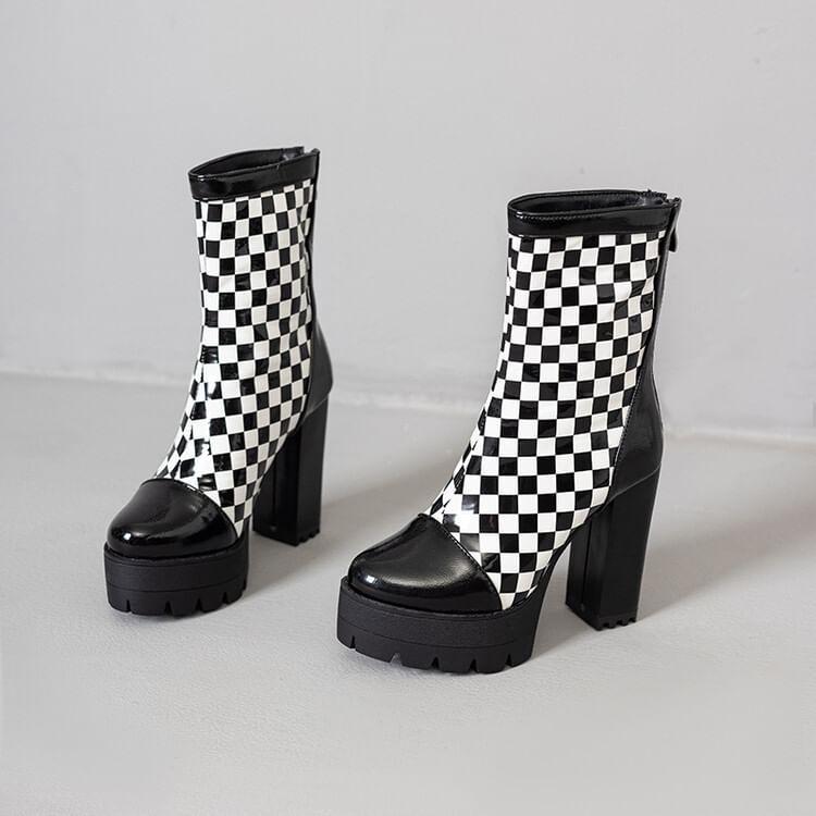 Block Heel Checkerboard Short Boots Product Image