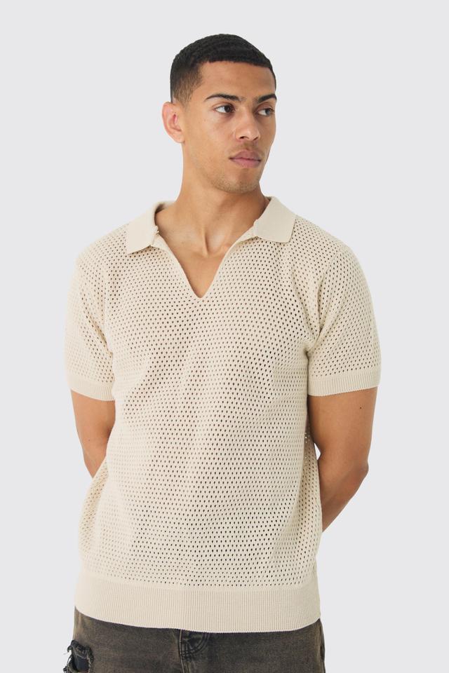 Regular Fit Open Stitch Revere Polo In Ecru | boohooMAN USA Product Image