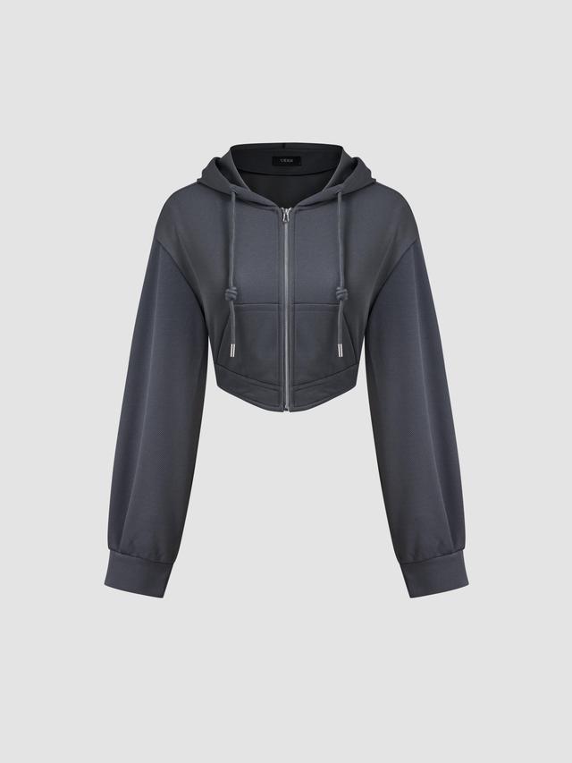 Terry Solid Drawstring Pocket Crop Hoodie Product Image