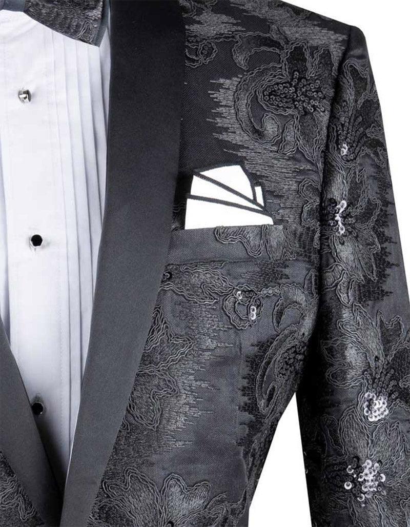 Black Embroidery Slim Fit Jacket Shawl Lapel with Bow Tie Product Image