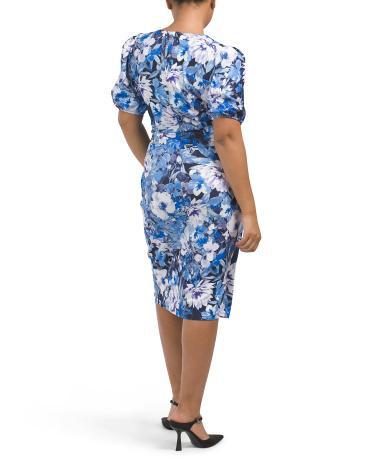 Puff Sleeve Crew Neck Sarong Wrap Midi Dress for Women Product Image