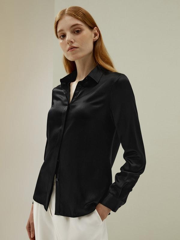 Basic Concealed Placket Silk Shirt Product Image