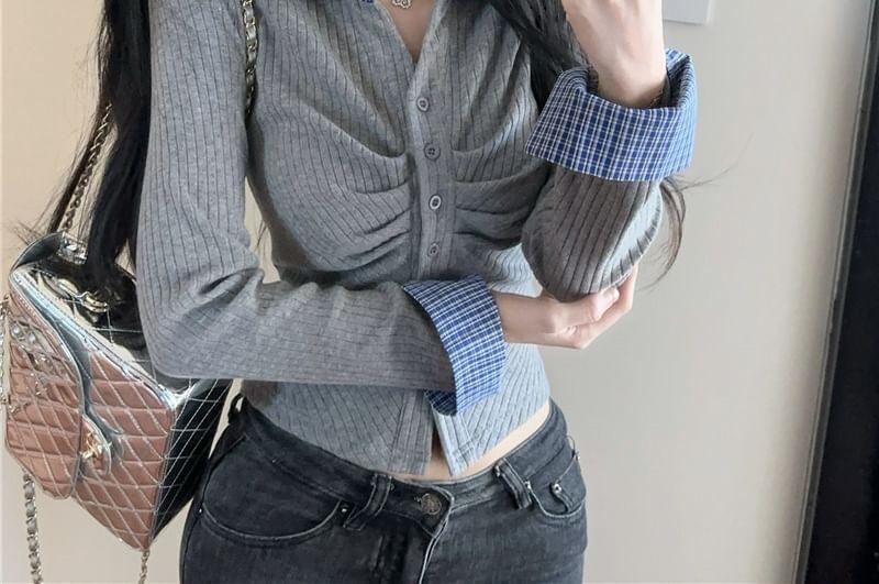 Long Sleeve Collared Plaid Panel Ruched Button Top Product Image