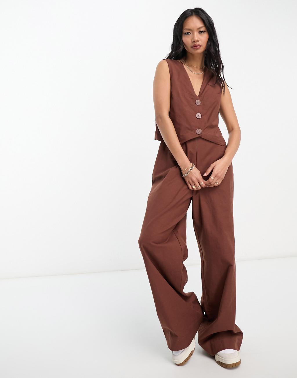 ASOS DESIGN 2 in 1 linen look vest jumpsuit in brown Product Image