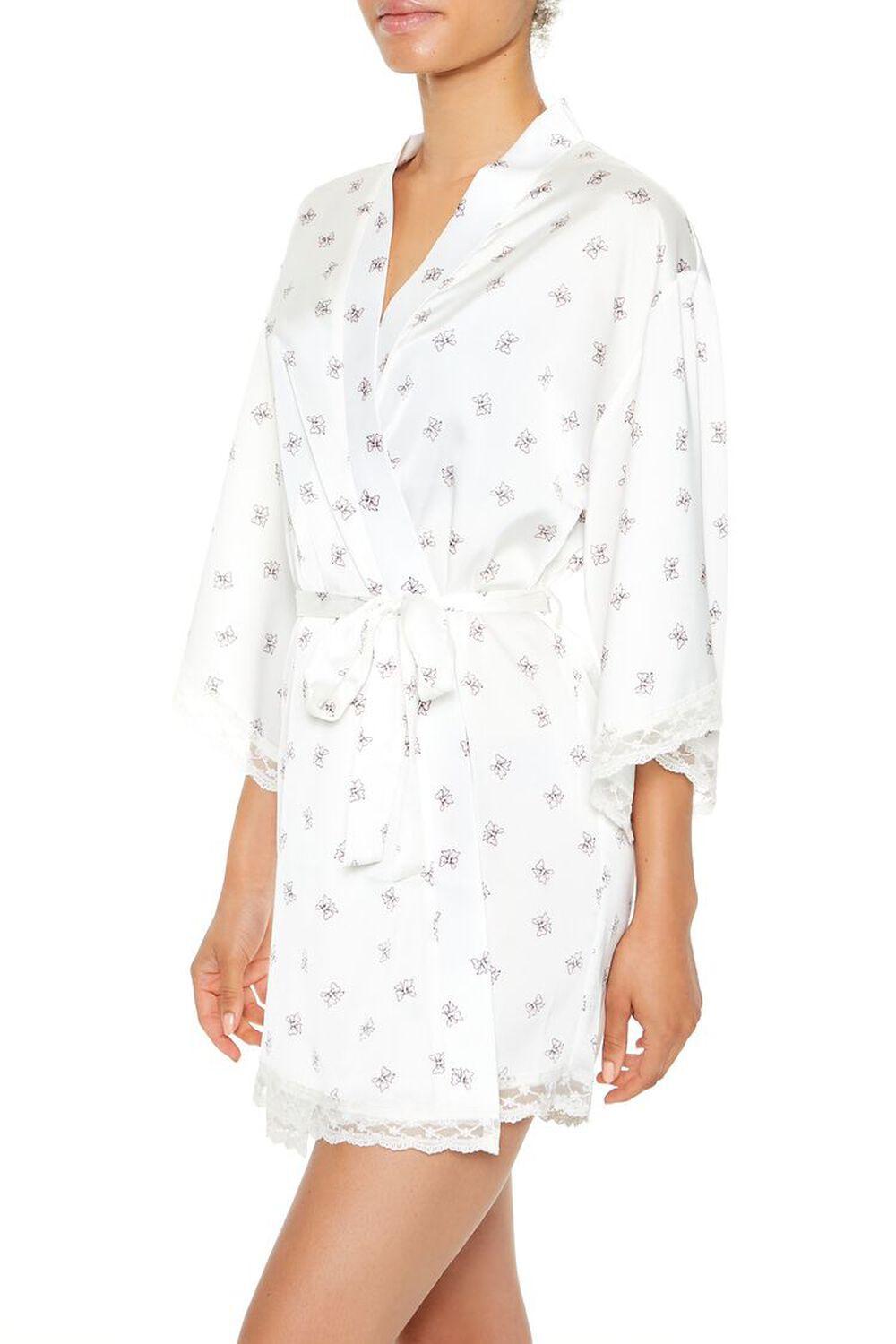 Lace-Trim Bow Print Satin Robe | Forever 21 Product Image