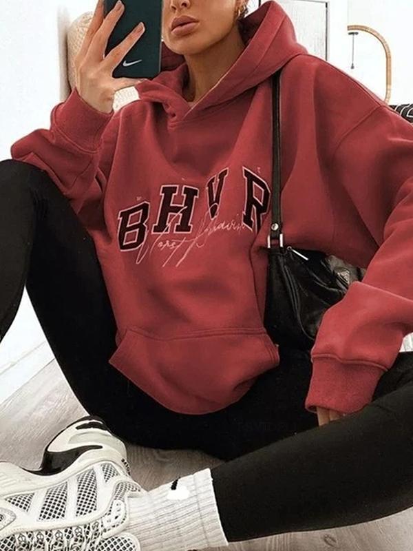 Long Sleeves Loose Keep Warm Letter Print Velvet Hooded Hoodies Tops Product Image