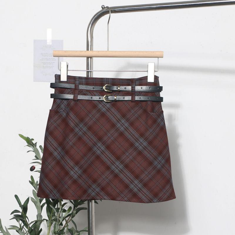 Set: High Waist Plaid Mini Skirt + Belt Product Image