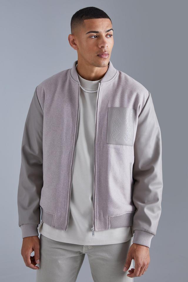 Mens Grey Regular Fit Melton & Pu Patch Bomber, Grey Product Image