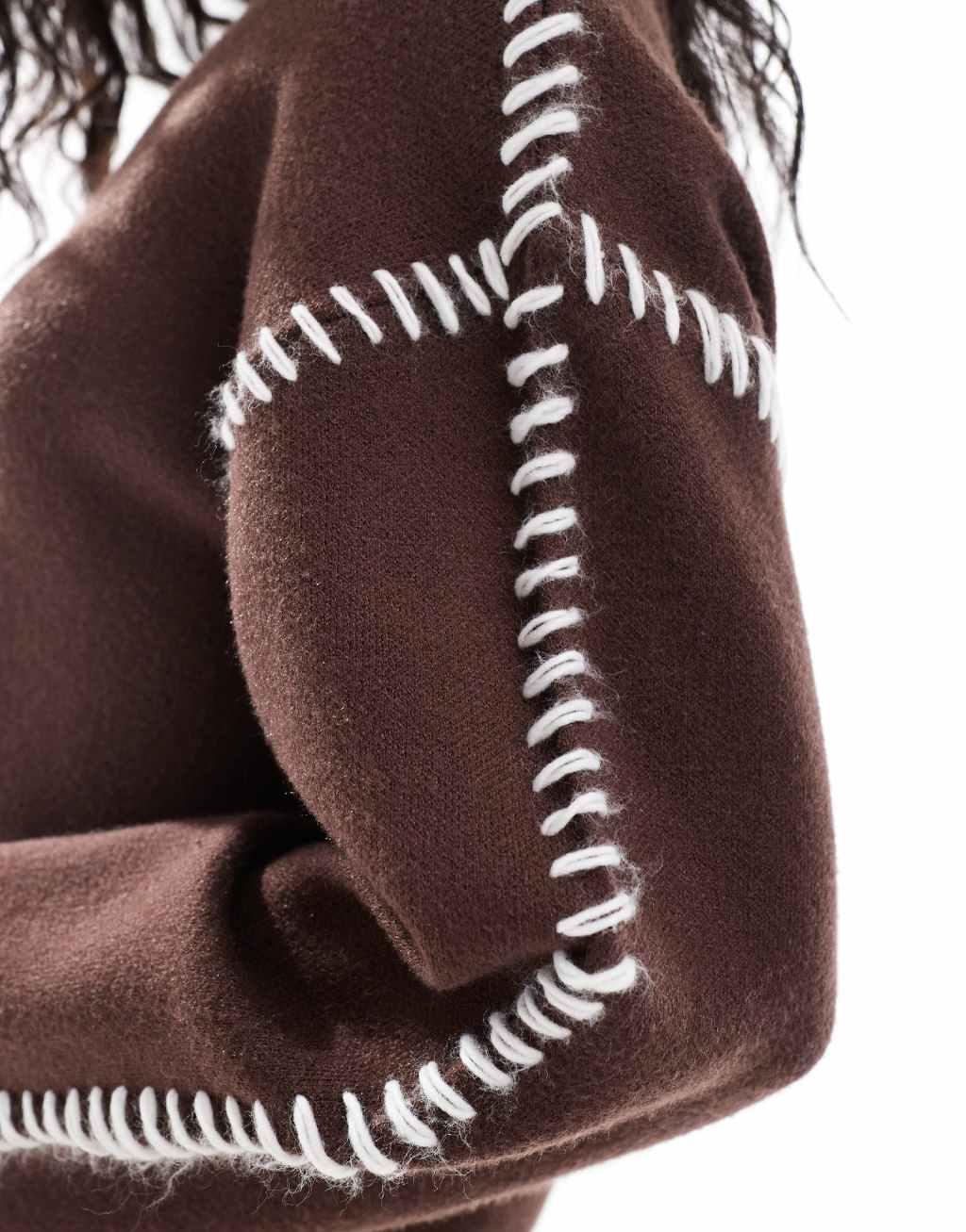 YAS contrast stitch detail sweater in brown Product Image