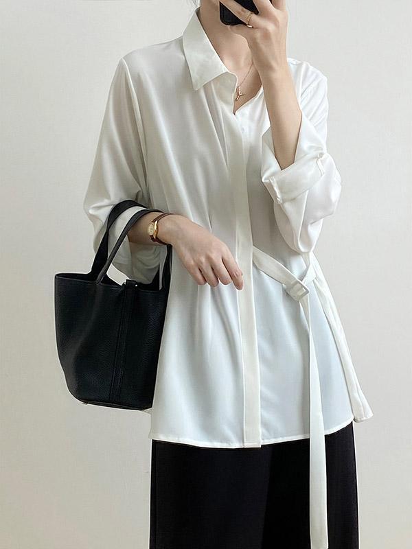 Office Loose Long Sleeves Lace-Up Solid Color Lapel Blouses Product Image