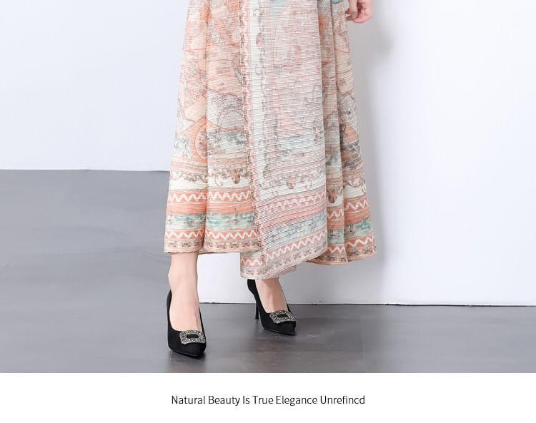 Long Sleeve V-Neck Patterned Print Tie-Waist Maxi A-Line Coat Dress Product Image