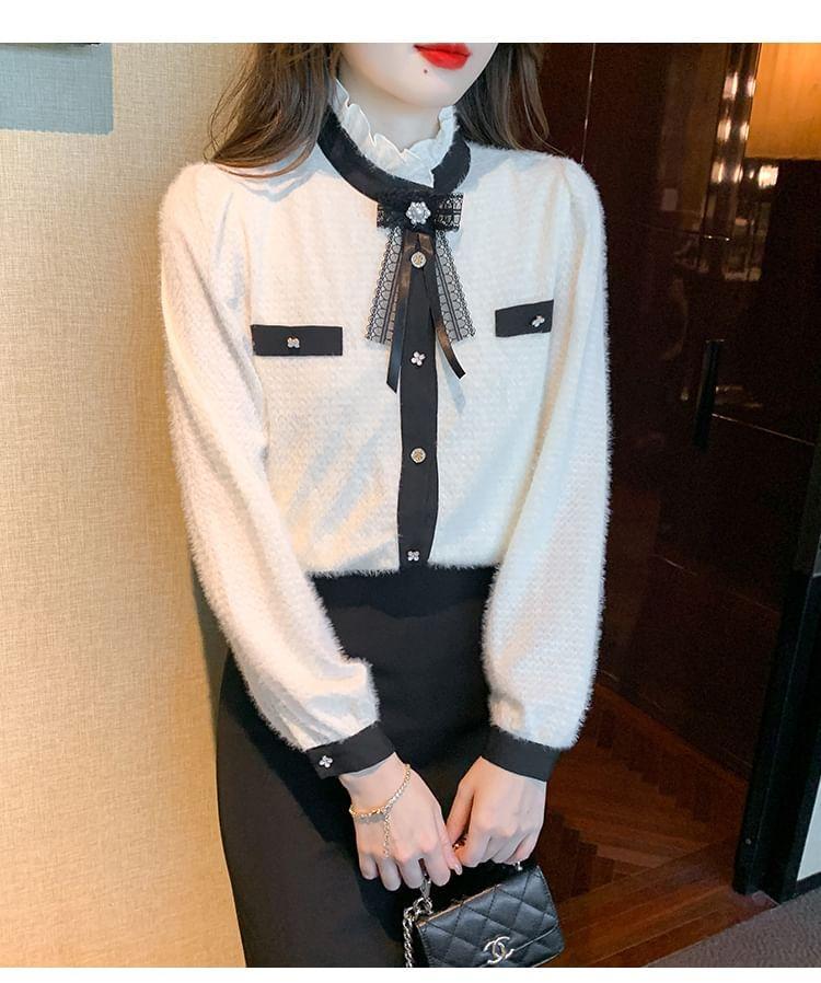 Long-Sleeve Stand Collar Bow Accent Contrast Trim Button-Up Blouse Product Image