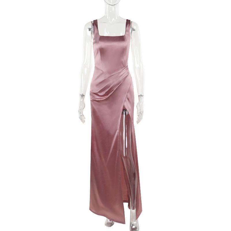 Sleeveless Square Neck Slit Hem Maxi A-Line Dress Product Image