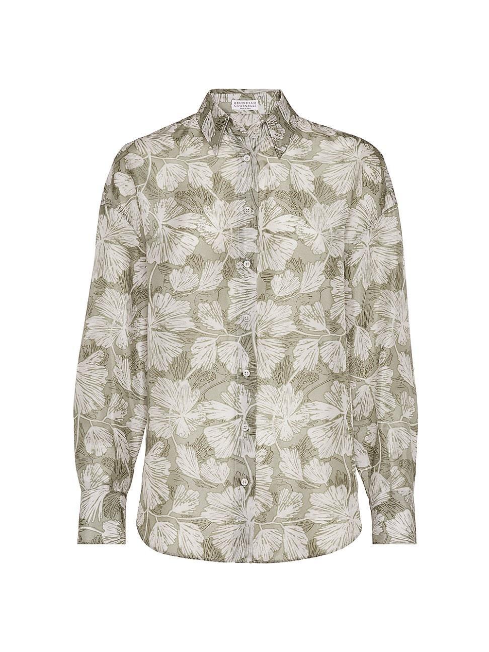 Womens Silk Ginkgo Print Pongee Shirt With Monili Product Image