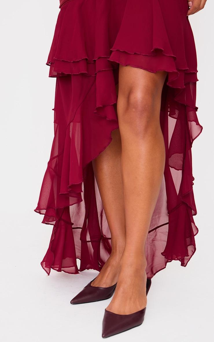 Burgundy Mesh Ruffle Detail Maxi Dress Product Image