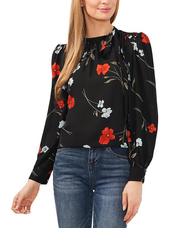 CeCe Button Detail Floral Tie Neck Blouse Product Image