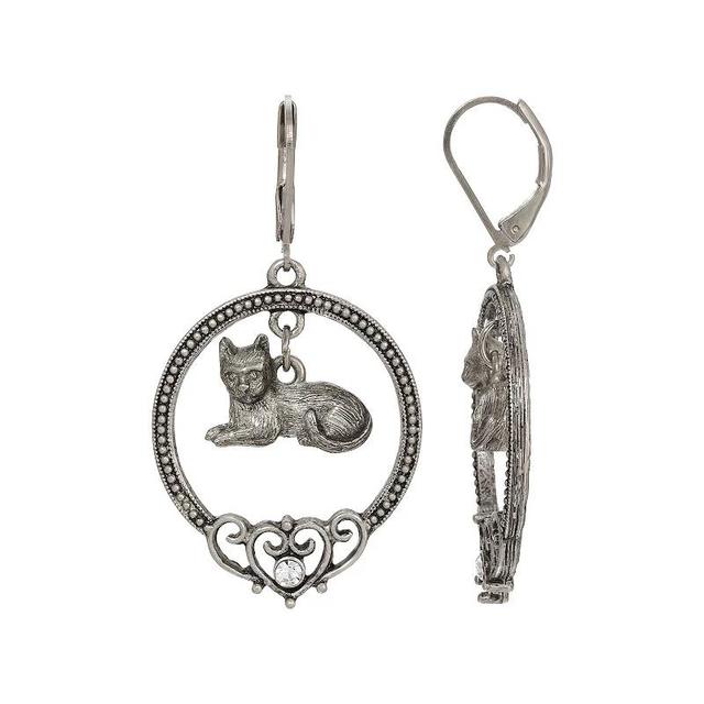 1928 Silver Tone Pewter With Crystal Stones Circle Cat Earrings, Womens, Grey Product Image