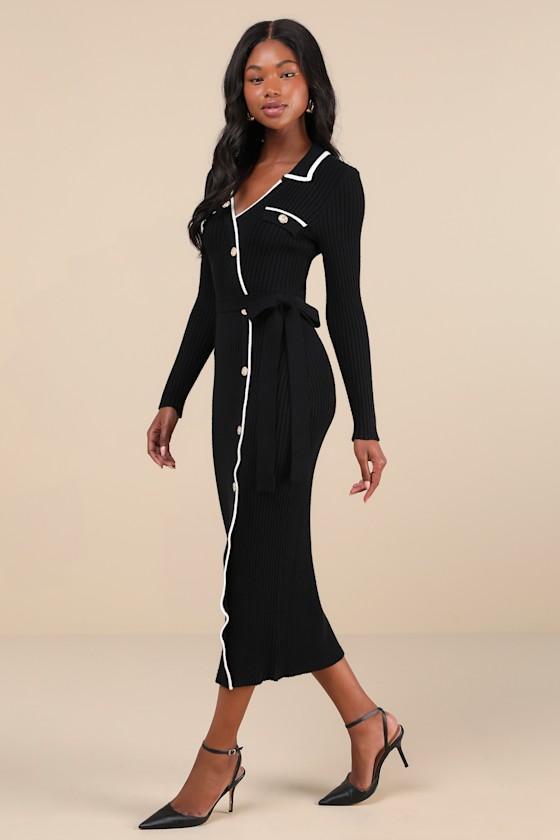 Chic Persuasion Black Ribbed Button-Front Midi Sweater Dress Product Image