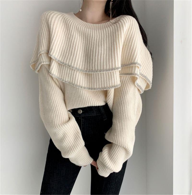 Off-Shoulder Contrast Trim Layered Ruffle Sweater Product Image